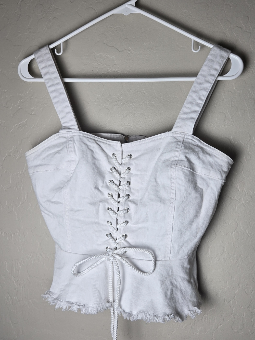 VENUS White Denim Lace-Up Corset Crop Top with Frayed Hem Size 4
